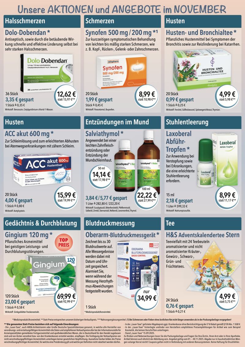 Monatlicher Angebotsflyer der Apotheke im Chinon Center mit Informationen zu Öffnungszeiten, Leistungen, Aktionen und wechselnden Produktangeboten aus Bereichen wie Gesundheit, Pflege und Selbstmedikation.