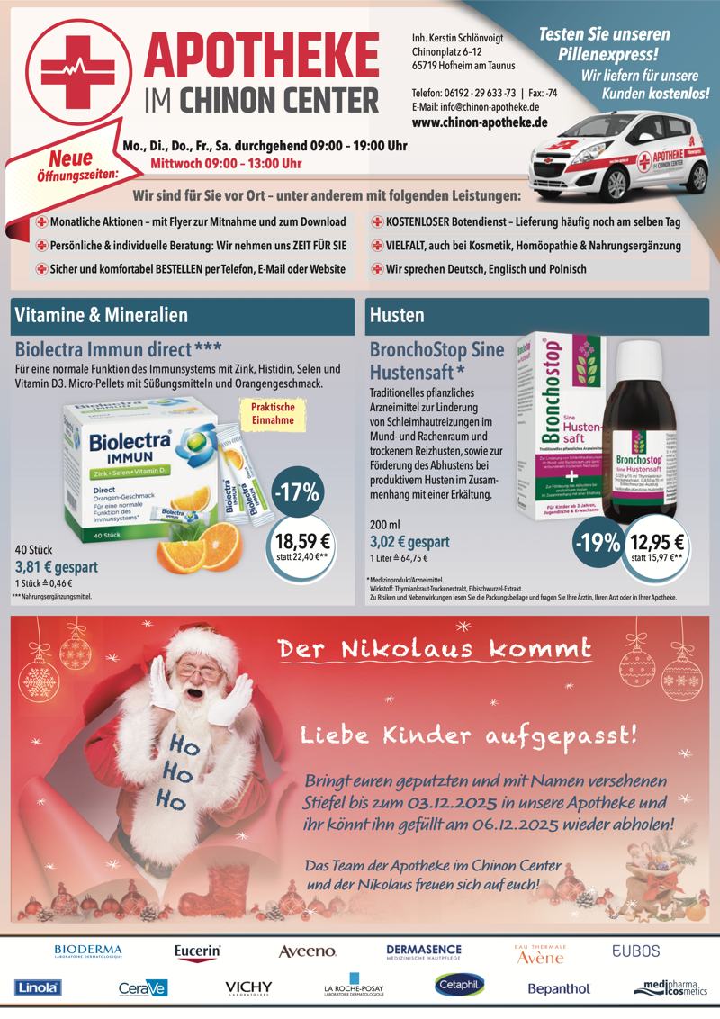 Monatlicher Angebotsflyer der Apotheke im Chinon Center mit Informationen zu Öffnungszeiten, Leistungen, Aktionen und wechselnden Produktangeboten aus Bereichen wie Gesundheit, Pflege und Selbstmedikation.