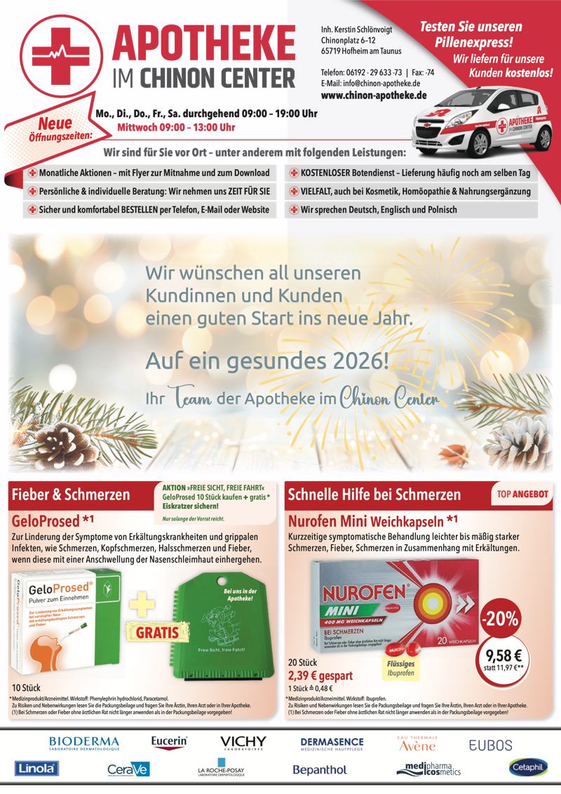 Monatlicher Angebotsflyer der Apotheke im Chinon Center mit Informationen zu Öffnungszeiten, Leistungen, Aktionen und wechselnden Produktangeboten aus Bereichen wie Gesundheit, Pflege und Selbstmedikation.