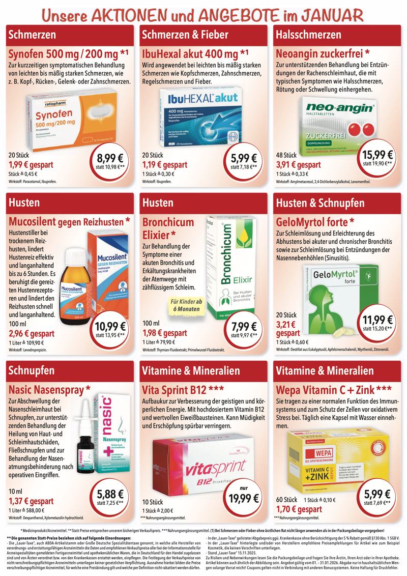 Monatlicher Angebotsflyer der Apotheke im Chinon Center mit Informationen zu Öffnungszeiten, Leistungen, Aktionen und wechselnden Produktangeboten aus Bereichen wie Gesundheit, Pflege und Selbstmedikation.