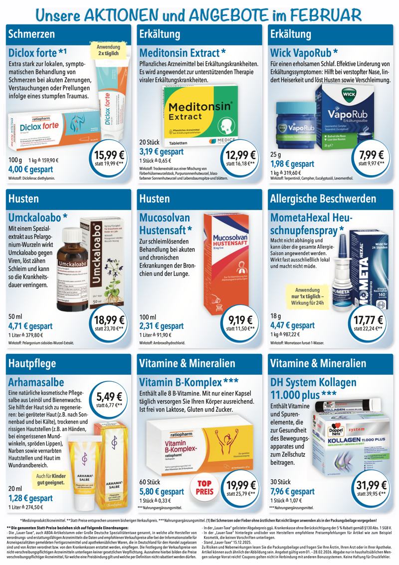 Monatlicher Angebotsflyer der Apotheke im Chinon Center mit Informationen zu Öffnungszeiten, Leistungen, Aktionen und wechselnden Produktangeboten aus Bereichen wie Gesundheit, Pflege und Selbstmedikation.